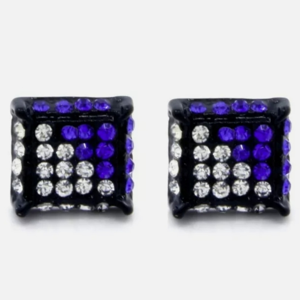 New-Men, Black & Blue Cz Cube,Micro Pave, Stud Ear - Picture 4 of 4